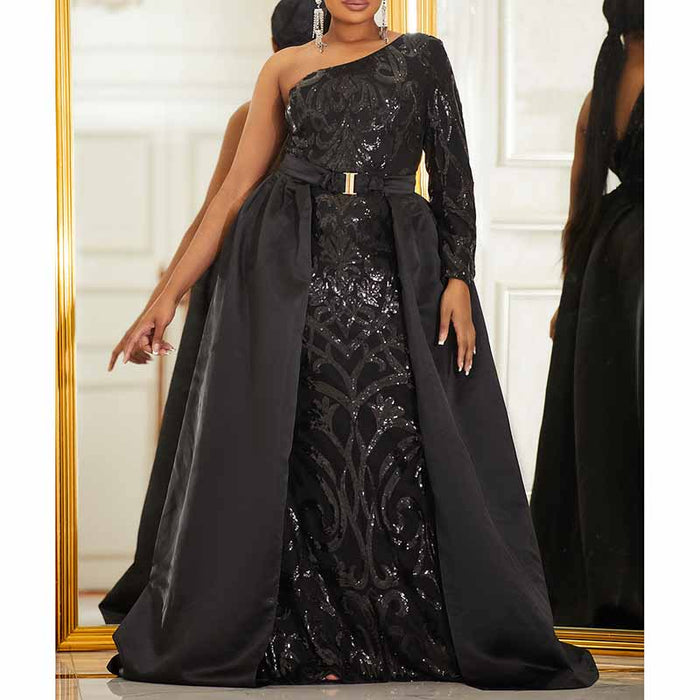 Pus Size One Shoulder Sequined Prom Dress