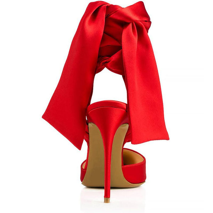Red satin bow high heels with a stylish back bow design and elegant stiletto heel
