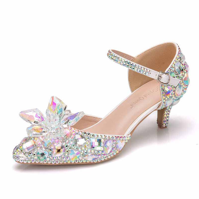 Rhinestone Sandals Pointed Toe Crystal Shoes Wedding Low Heels