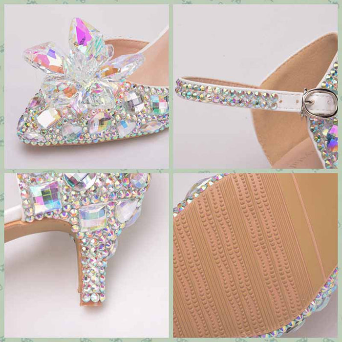 Rhinestone Sandals Pointed Toe Crystal Shoes Wedding Low Heels