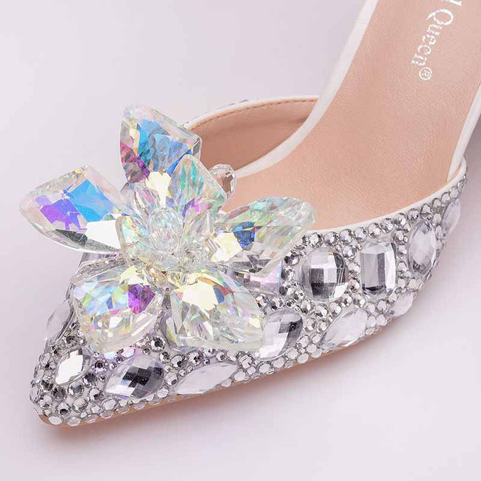 Rhinestone Sandals Pointed Toe Crystal Shoes Wedding Low Heels