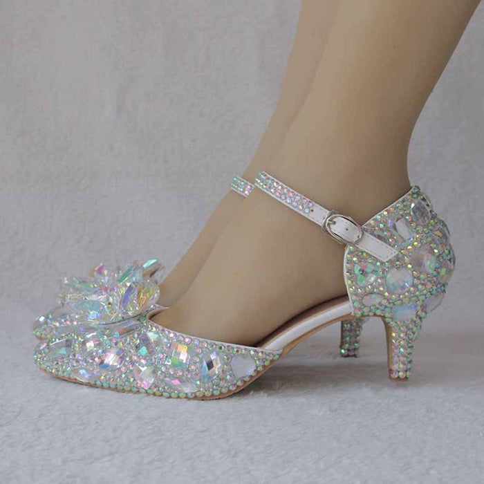 Rhinestone Sandals Pointed Toe Crystal Shoes Wedding Low Heels