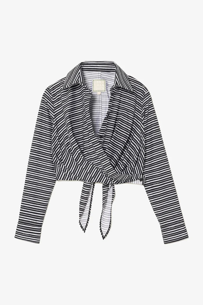 Rose Wrap Top In Black and White Striped Cotton Clothing Larroudé x Jonathan Cohen
