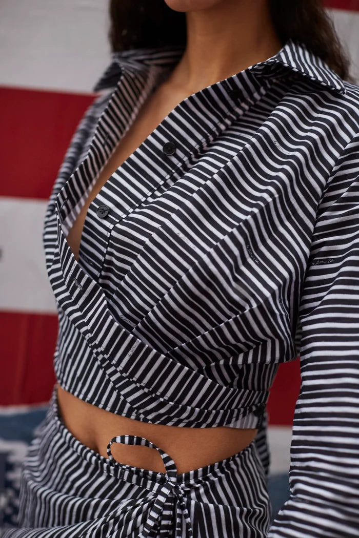 Rose Wrap Top In Black and White Striped Cotton Clothing Larroudé x Jonathan Cohen