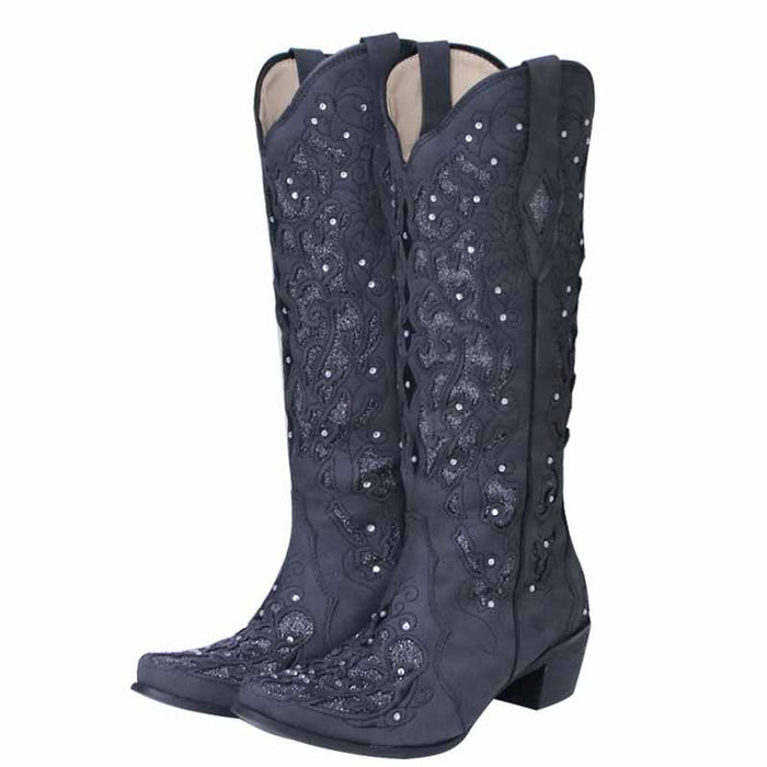 Elegant rustic bridal cowgirl boots with intricate embroidery and decorative studs