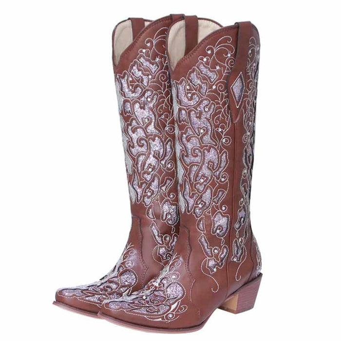 Brown rustic bridal cowgirl boots with intricate embroidery for a stylish wedding look