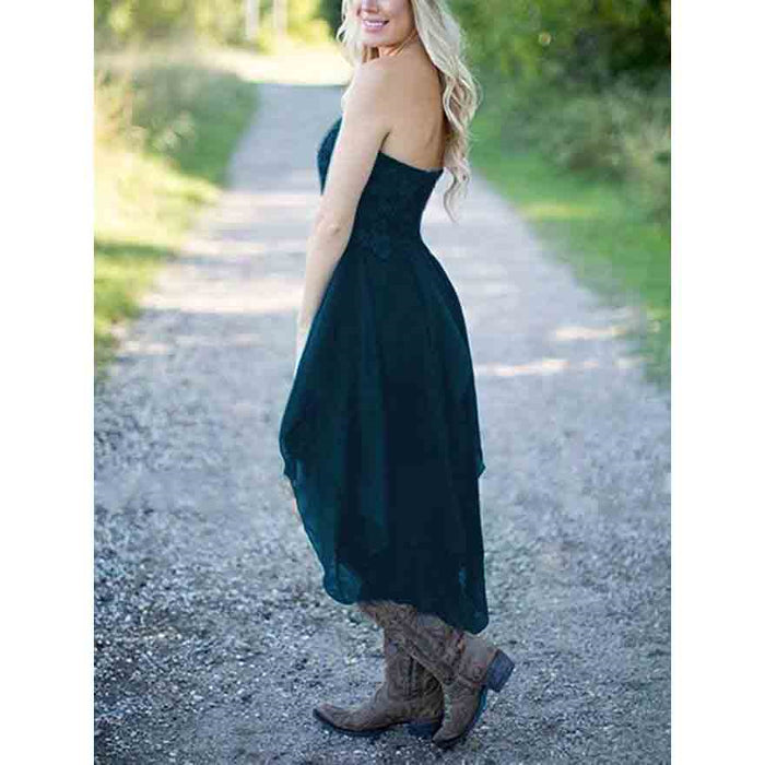 Elegant strapless dark green rustic bridesmaid dresses for women with a flowing hemline