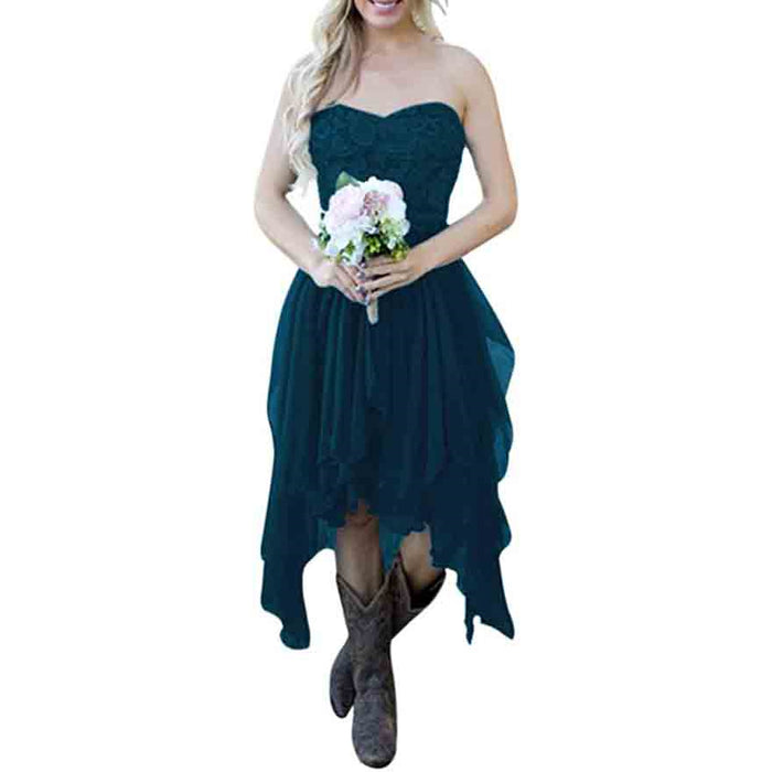 Strapless teal rustic bridesmaid dress for women with lace bodice and high-low hemline
