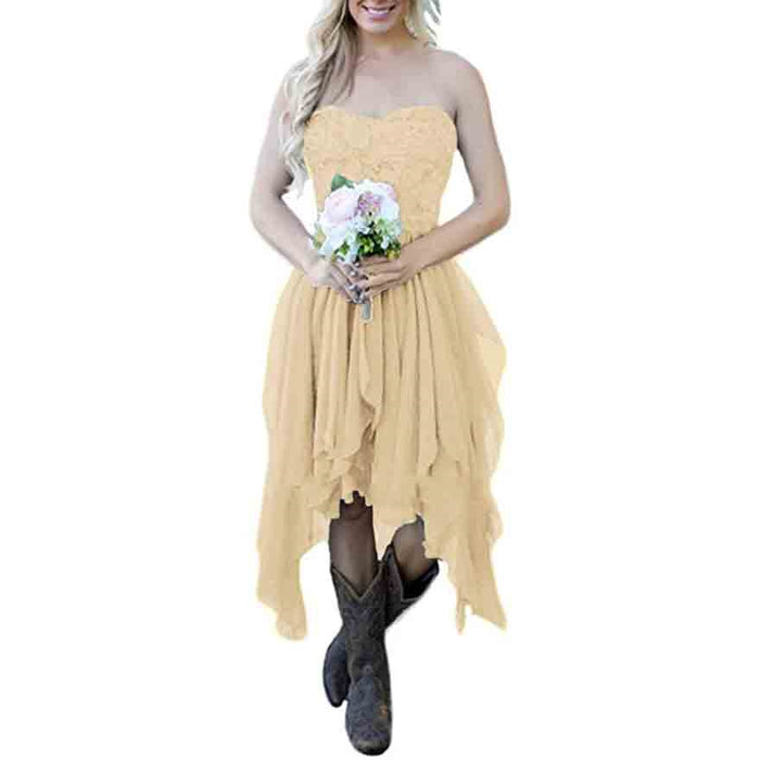 Charming Yellow Strapless Rustic Bridesmaid Dress for Women with Ruffled Hem and Cowboy Boots