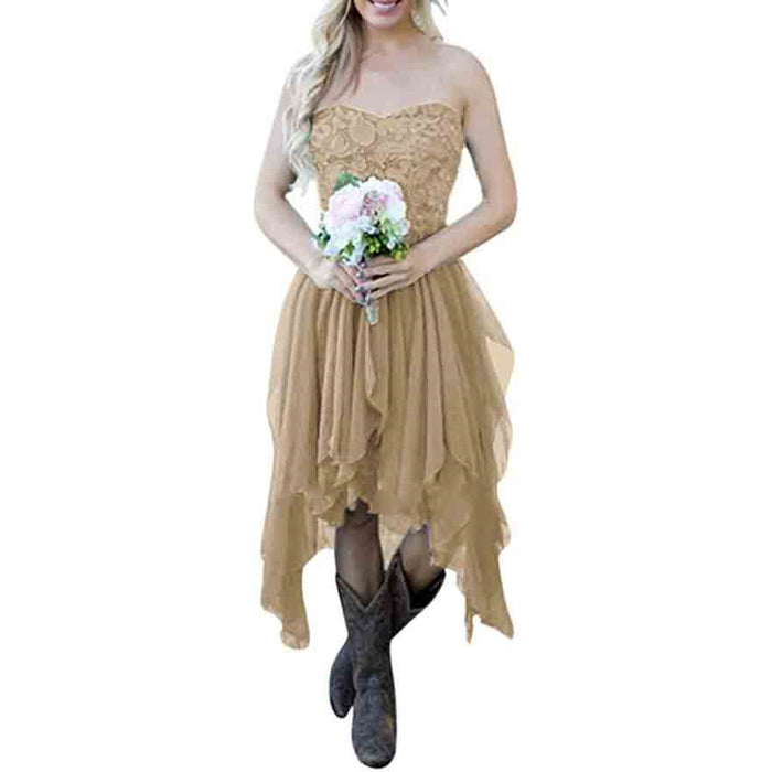 Rustic bridesmaid dresses for women in a strapless design with a flowing skirt and cowboy boots