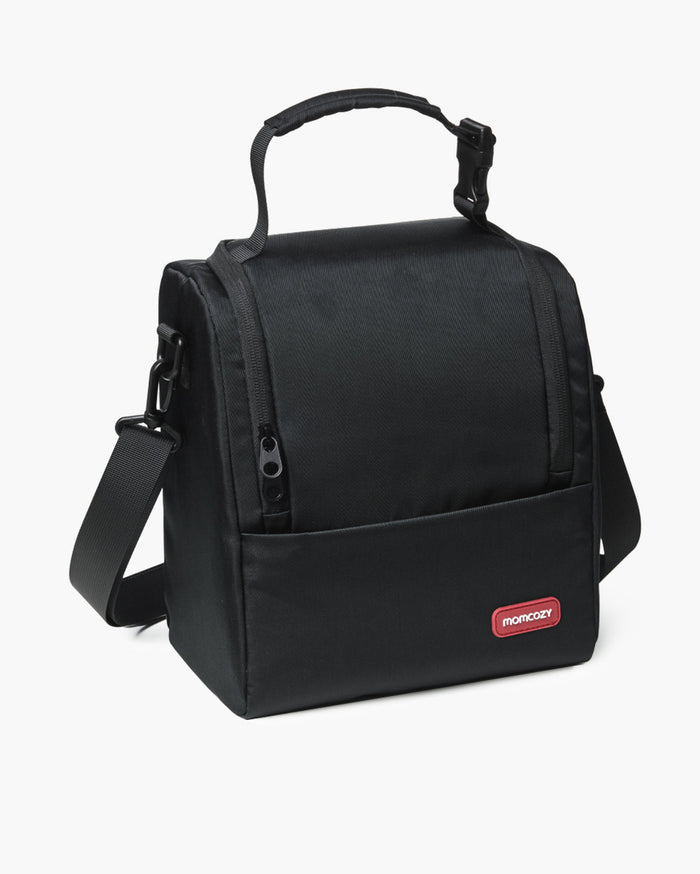 Black Momcozy Baby Bottle Bag. Features adjustable shoulder strap and top handle. Ideal for Momcozy breast pump accessories.