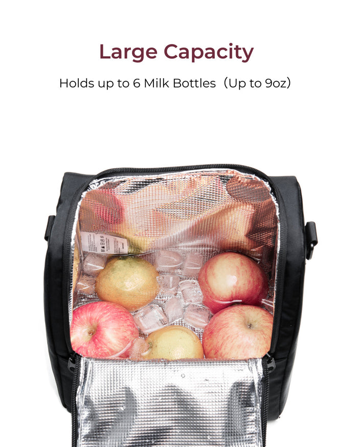 Momcozy insulated baby bottle bag, black, featuring large capacity, filled with apples and ice, holds up to 6 milk bottles.