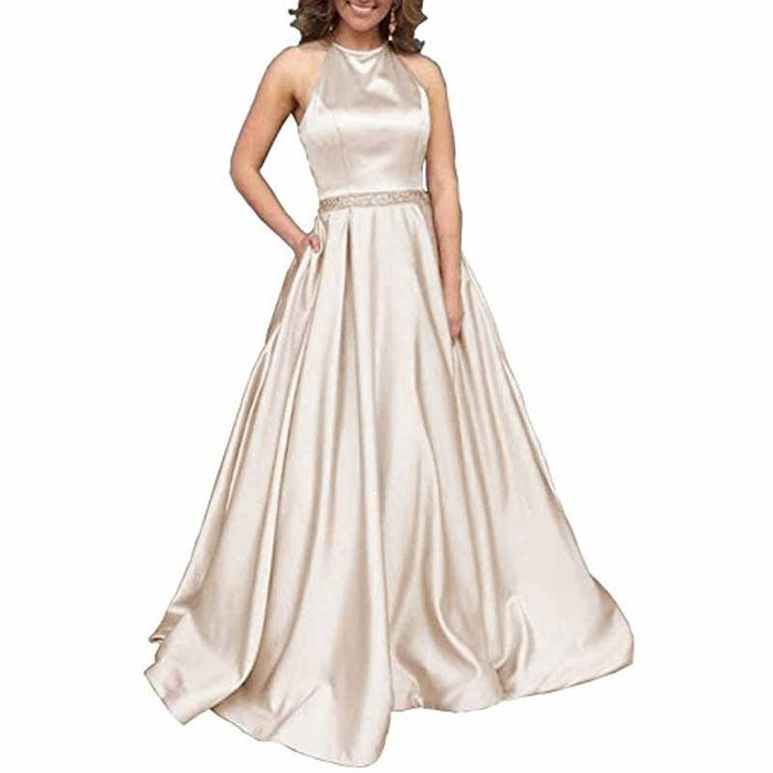Satin Prom Dresses Long A Line with Pockets Formal Evening Ball Gowns