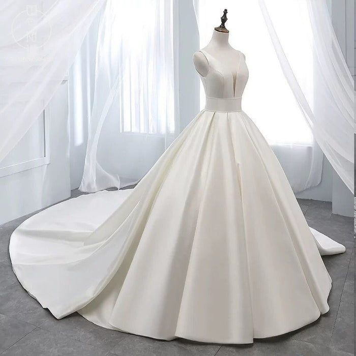 sd-hk A-Line V Neck Court Train Satin Long Sleeve Formal Plus Size Wedding Dresses