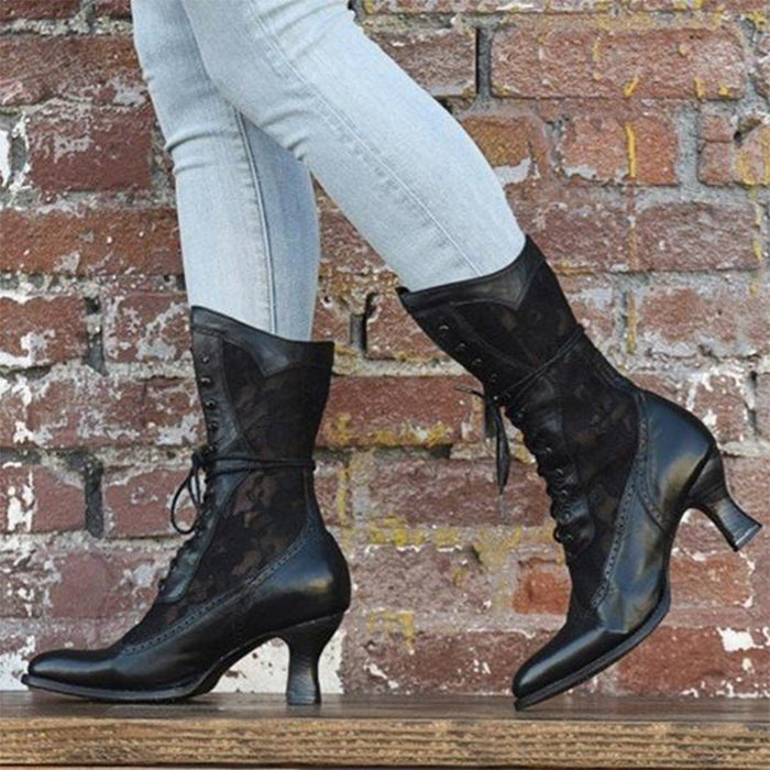 Stylish black bridal lace up boots for wedding with elegant lace details and a chic heel