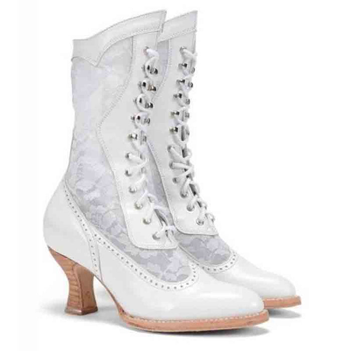 Stylish bridal lace up boots for wedding featuring intricate lace and elegant heels