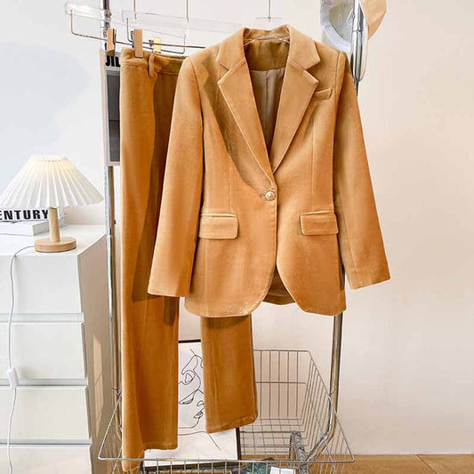 Camel velvet women's pantsuit with tailored blazer and matching pants for a stylish look