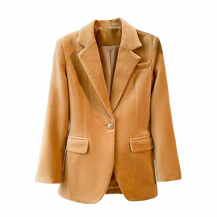 Camel velvet women's pantsuit jacket with a classic blazer cut and two front pockets