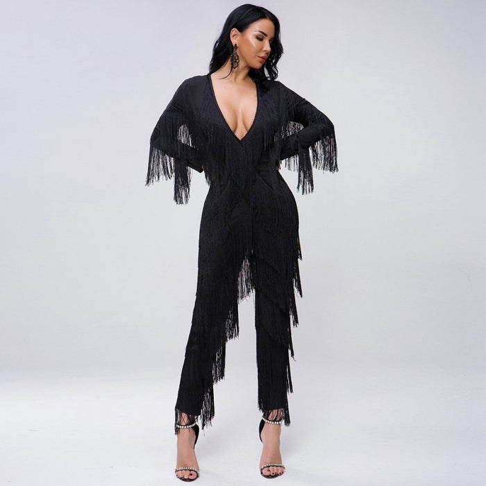 sd-hk Dark V Neck long Sleeve Jumpsuit With Tassels