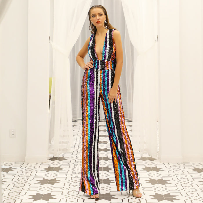 Stylish deep v sequin jumpsuit for women featuring colorful stripes and a flattering silhouette