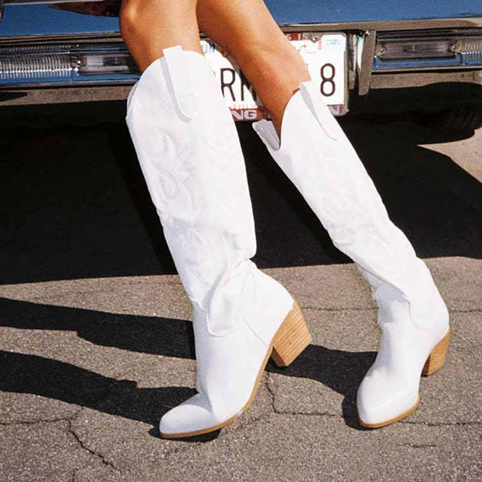 Stylish white embroidered square heel cowboy boots for a trendy western look