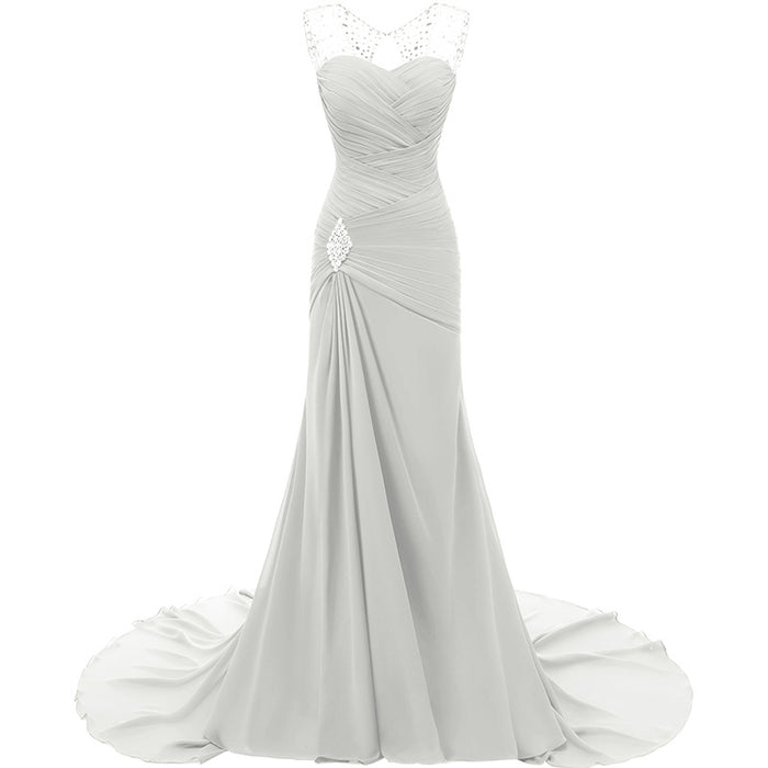 Elegant gray maxi dress with beaded straps and a flowing train, perfect for evening long dresses for weddings