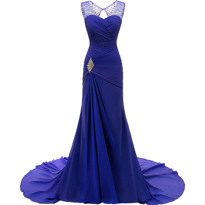 Elegant blue evening long dresses for weddings featuring a fitted bodice and flowing train