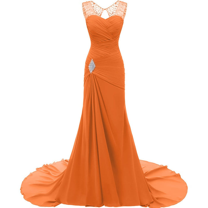 Orange evening long dresses for weddings with elegant lace straps and a flowing train