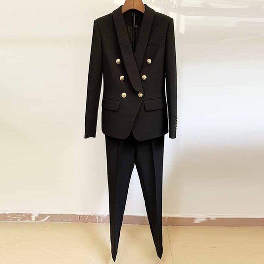 Elegant black women two piece set, a formal pantsuit for wedding guest with double-breasted design