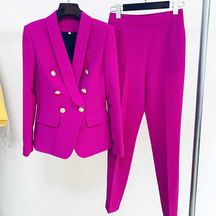 Stylish pink SD-HK formal pantsuit for wedding guest featuring a double-breasted blazer and matching trousers