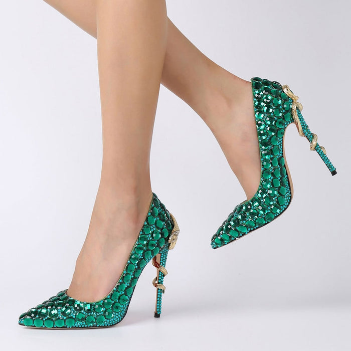 Elegant green diamond wedding heels with sparkling embellishments and stylish design
