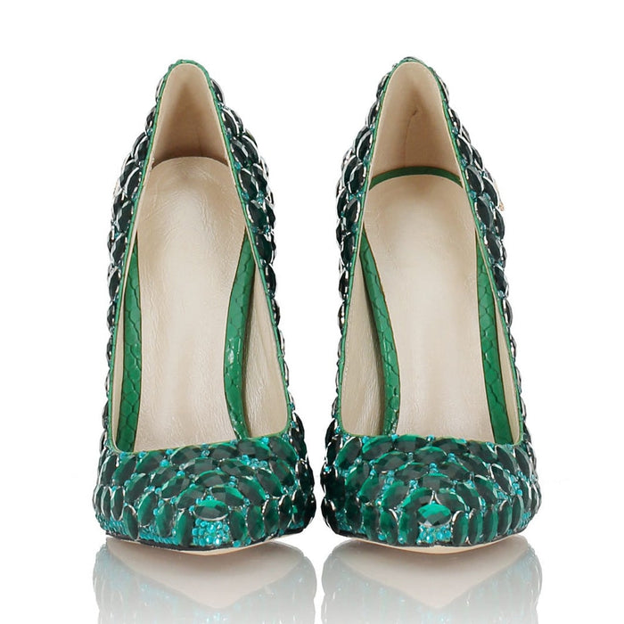 Elegant green diamond wedding heels with a unique textured design for brides on their special day