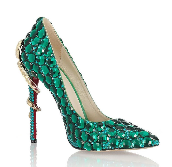 Elegant green diamond wedding heels featuring sparkling embellishments and a stylish design