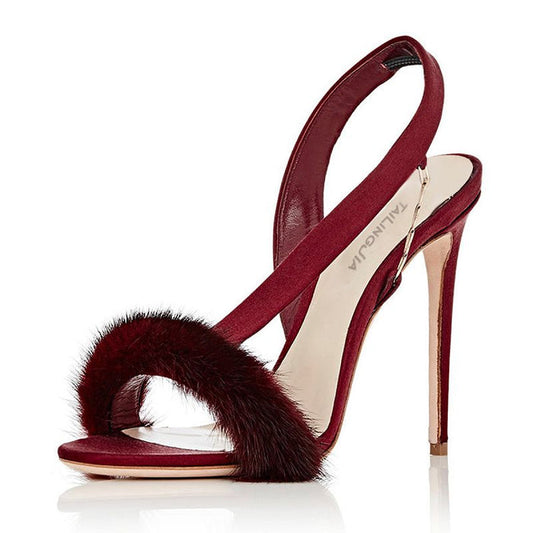 Elegant high heel fur prom shoes in burgundy with a stylish open toe and ankle strap design