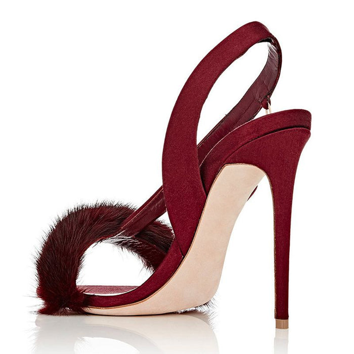 Burgundy high heel fur prom shoes with sleek design and stylish fur accent