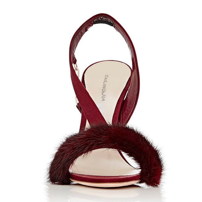 Elegant high heel fur prom shoes in burgundy with a luxurious furry strap for a glamorous look