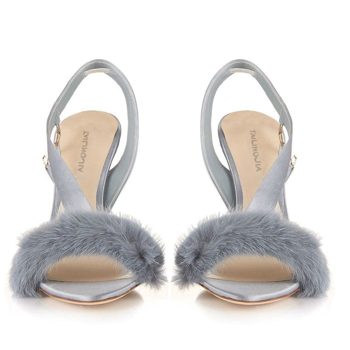 Elegant high heel fur prom shoes in blue with a chic fur detail for special occasions