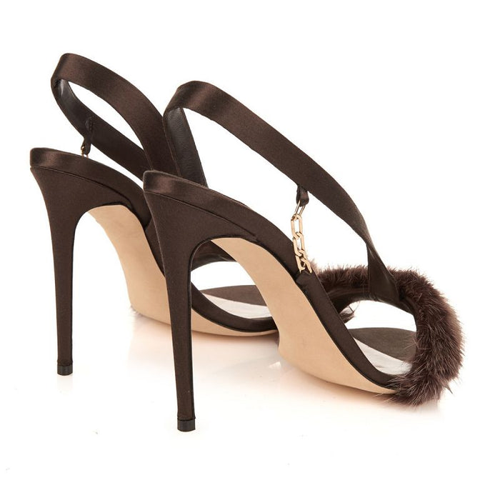 Elegant high heel fur prom shoes in brown with a stylish strap and fur detail
