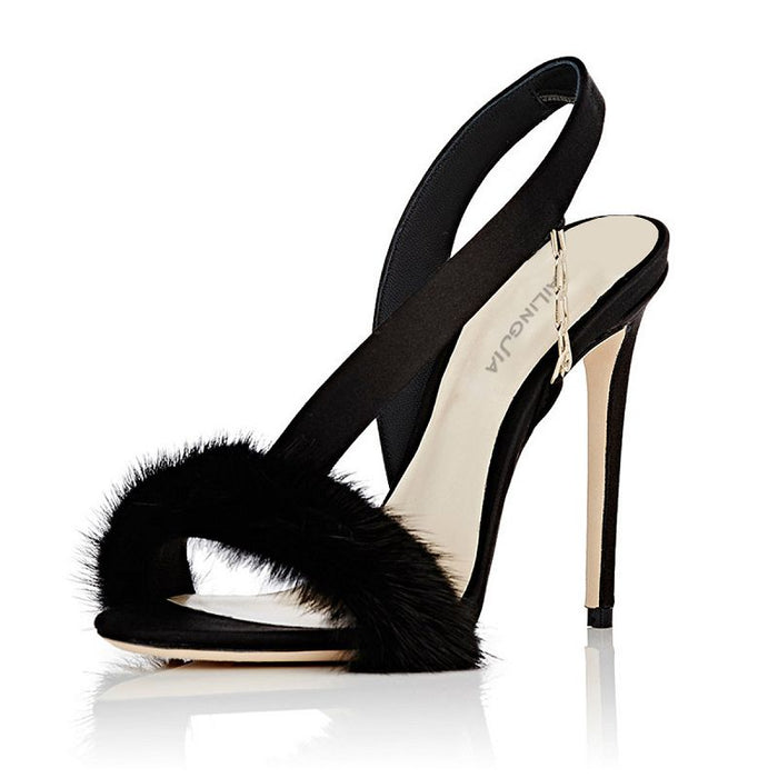 Elegant black high heel fur prom shoes featuring a stylish fur accent and open toe design