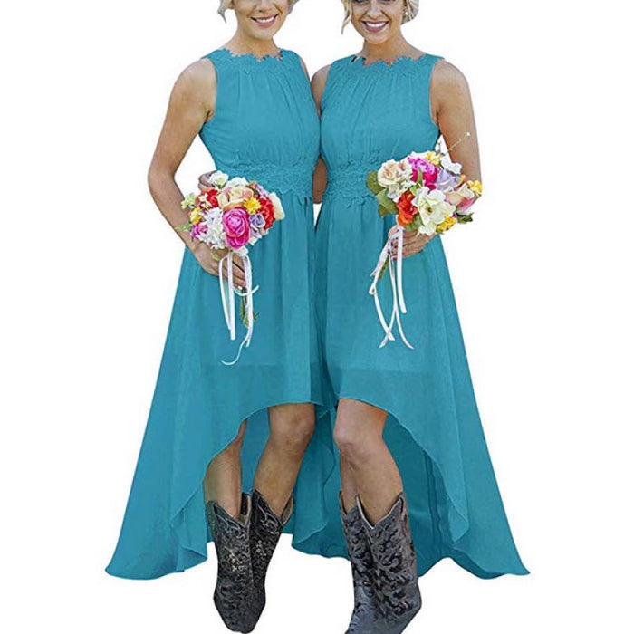 sd-hk High Low Lace Chiffon Bridesmaid Dress Blue