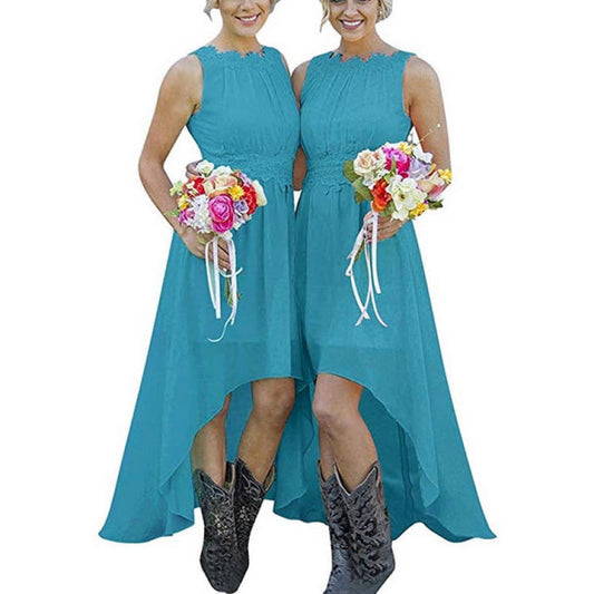sd-hk High Low Lace Chiffon Bridesmaid Dress Blue
