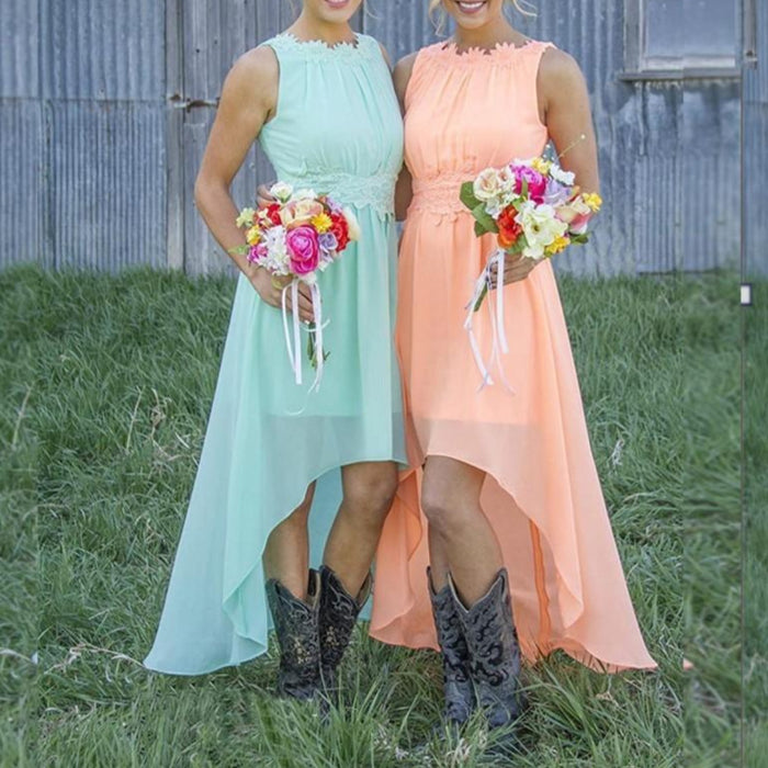 sd-hk High Low Lace Chiffon Bridesmaid Dress Blue