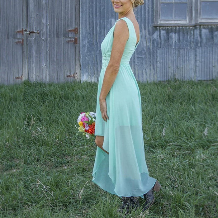 sd-hk High Low Lace Chiffon Bridesmaid Dress Blue