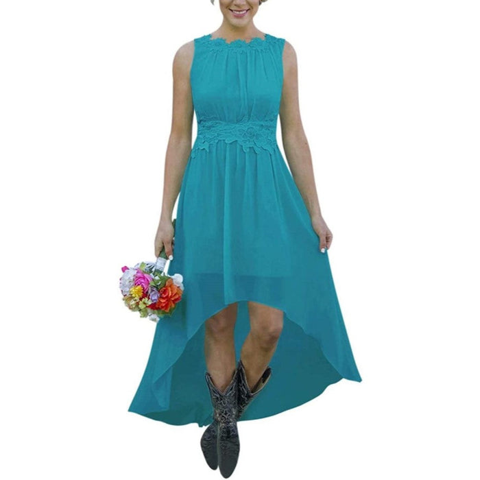 sd-hk High Low Lace Chiffon Bridesmaid Dress Blue