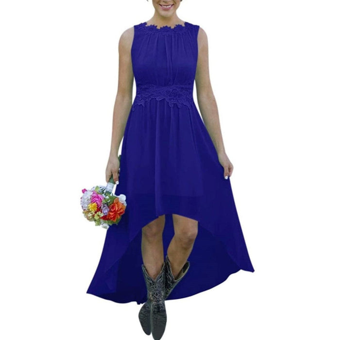 sd-hk high low lace chiffon bridesmaid dress in royal blue with sleeveless design and floral lace waist