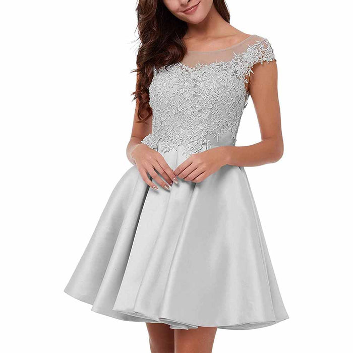 Lace applique homecoming dress in silver with a fitted bodice and flared skirt design