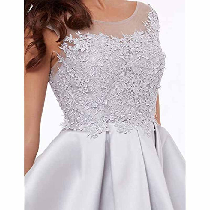 Elegant lace applique homecoming dress with a sheer neckline and floral embroidery detail