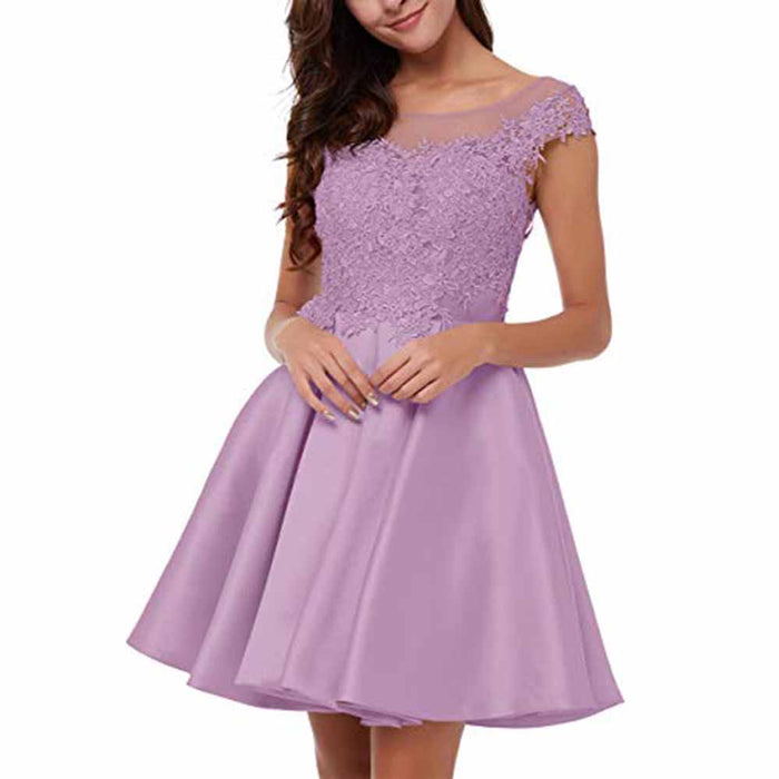 Lace applique homecoming dress in lavender with a fitted bodice and flared skirt