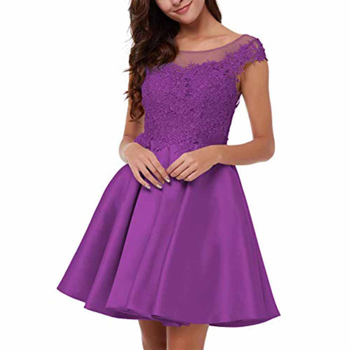 Purple lace applique homecoming dress with a fitted bodice and flowing skirt for elegant celebrations