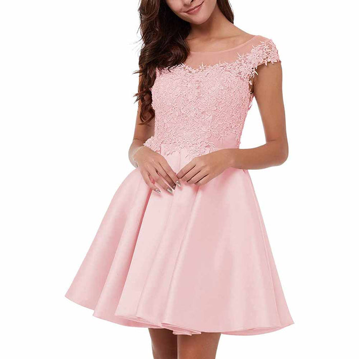 Elegant lace applique homecoming dress in pastel pink with a flattering A-line silhouette